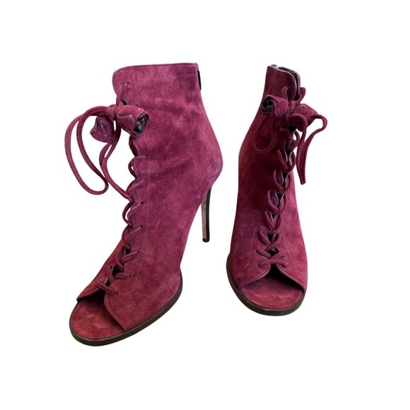 Coach Burgundy Suede Peep-Toe Lace-Up Stiletto Booties Size 9 - Picture 2 of 10